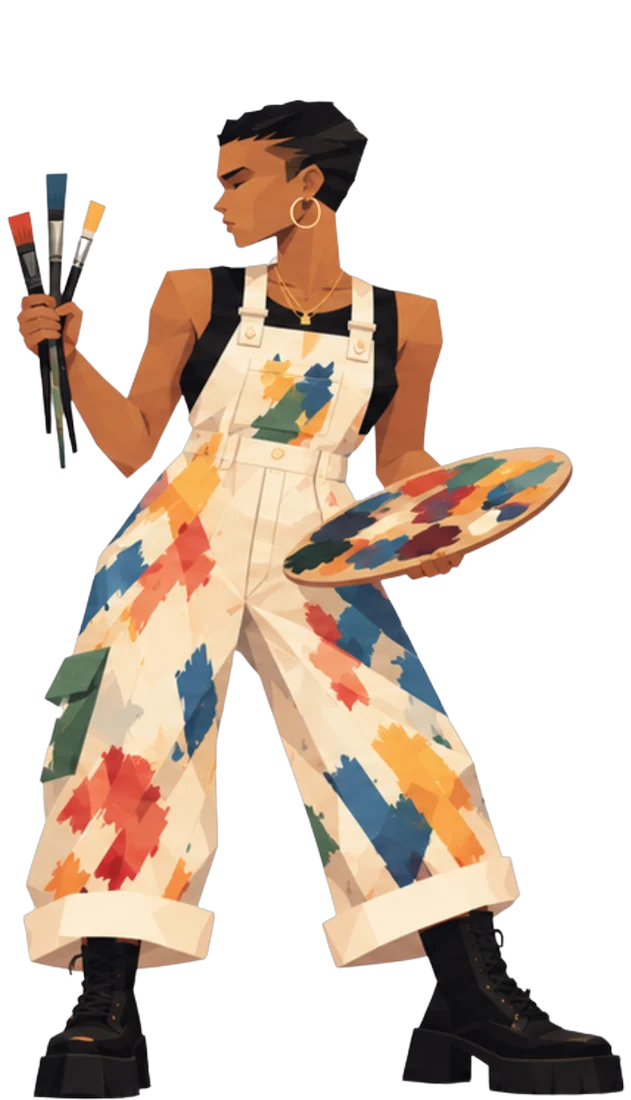 JustBee as the Artist, holding paintbrushes and a palette in paint-splattered overalls