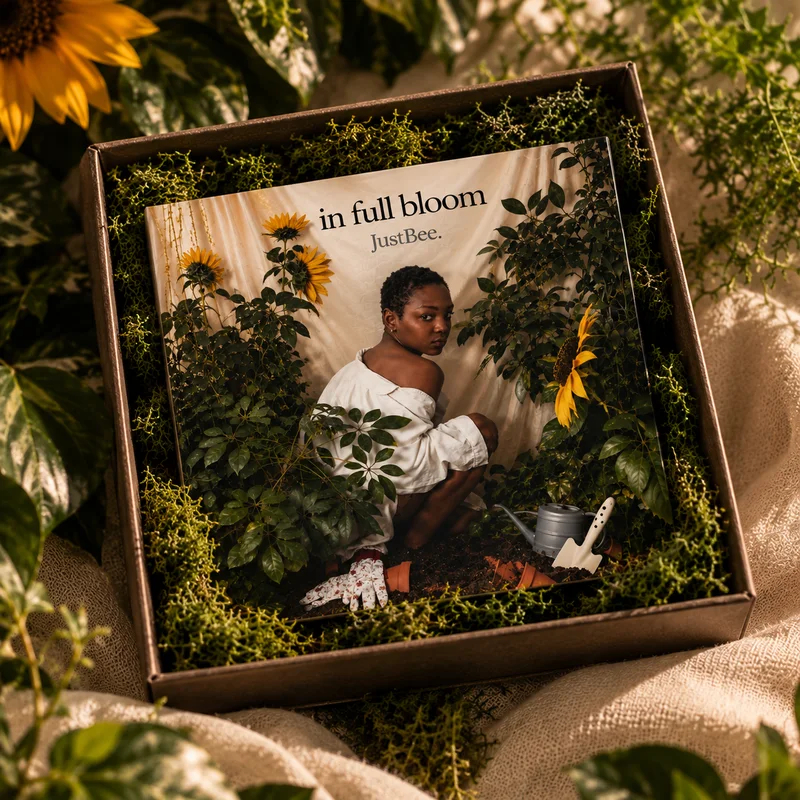 In Full Bloom album nested in moss inside a gift box