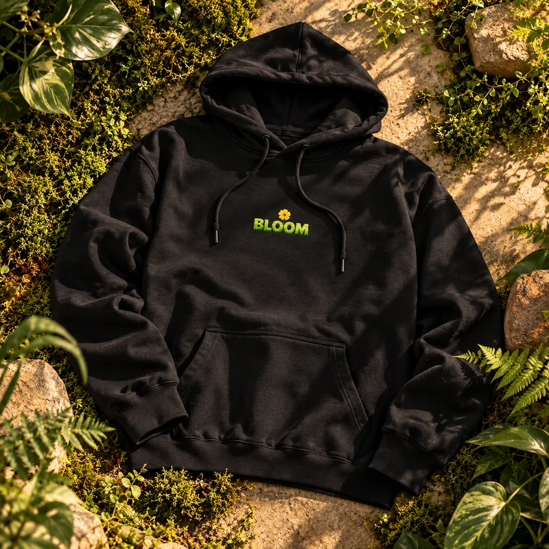 Black hoodie with BLOOM embroidered in green under a small yellow flower