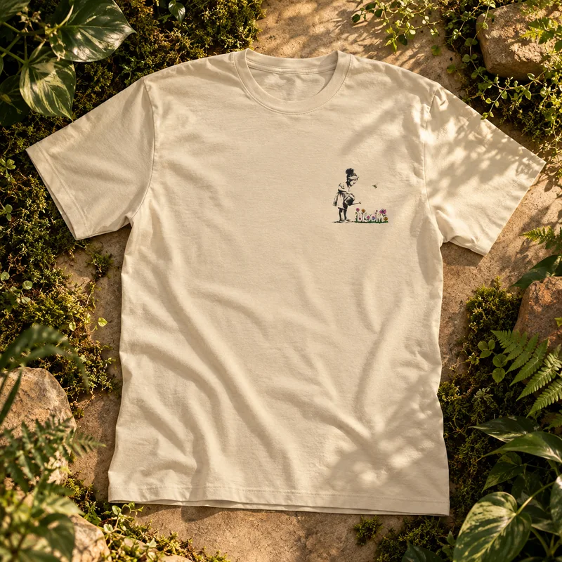 Cream t-shirt with a small print of a girl watering flowers that spell bloom