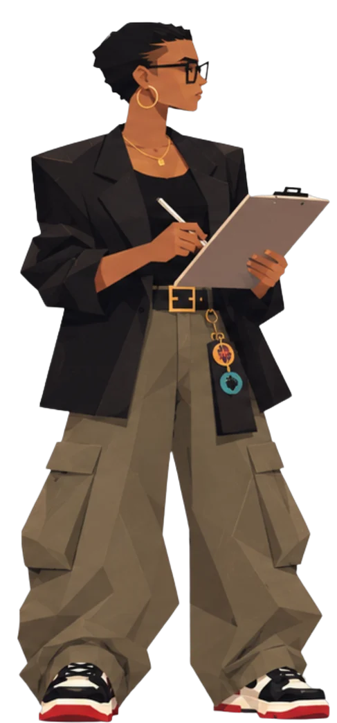 JustBee as the Creative Director, taking notes on a clipboard in a blazer