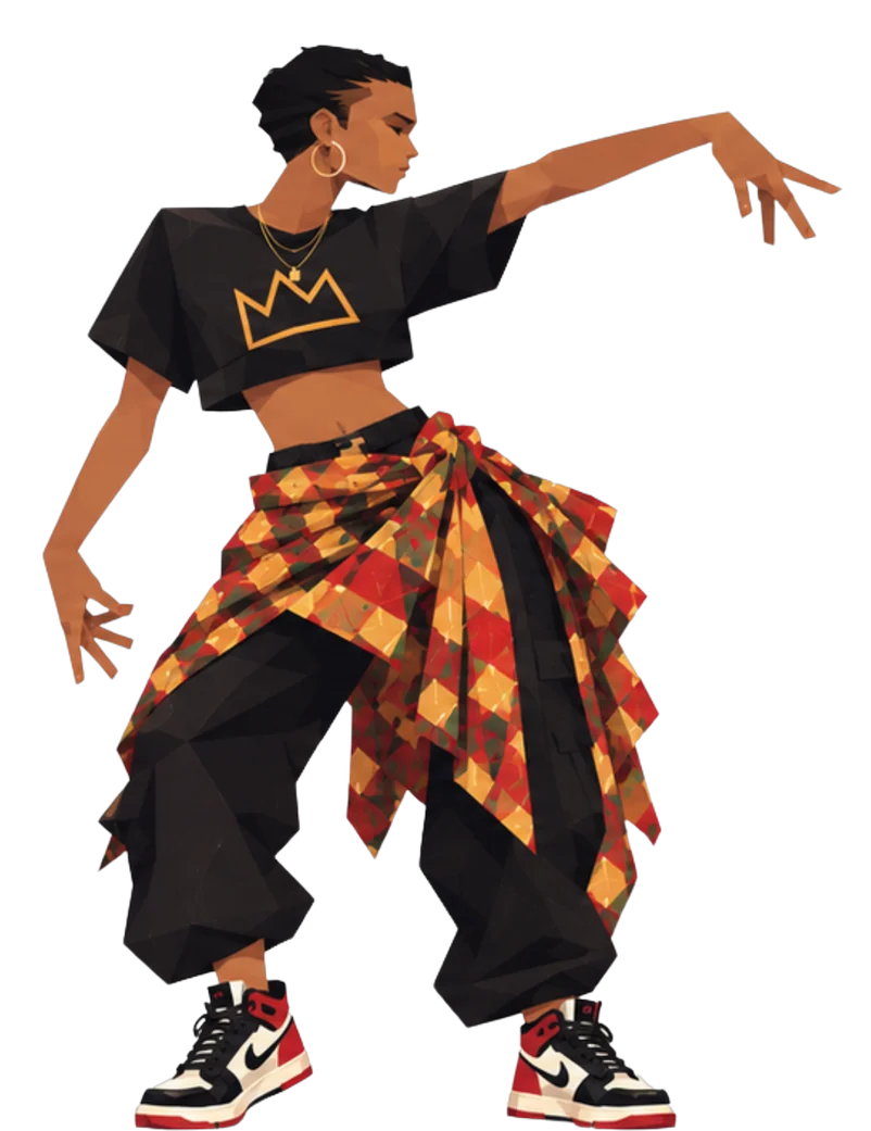 JustBee as the Mover, mid-dance in a crown crop top and patterned wrap