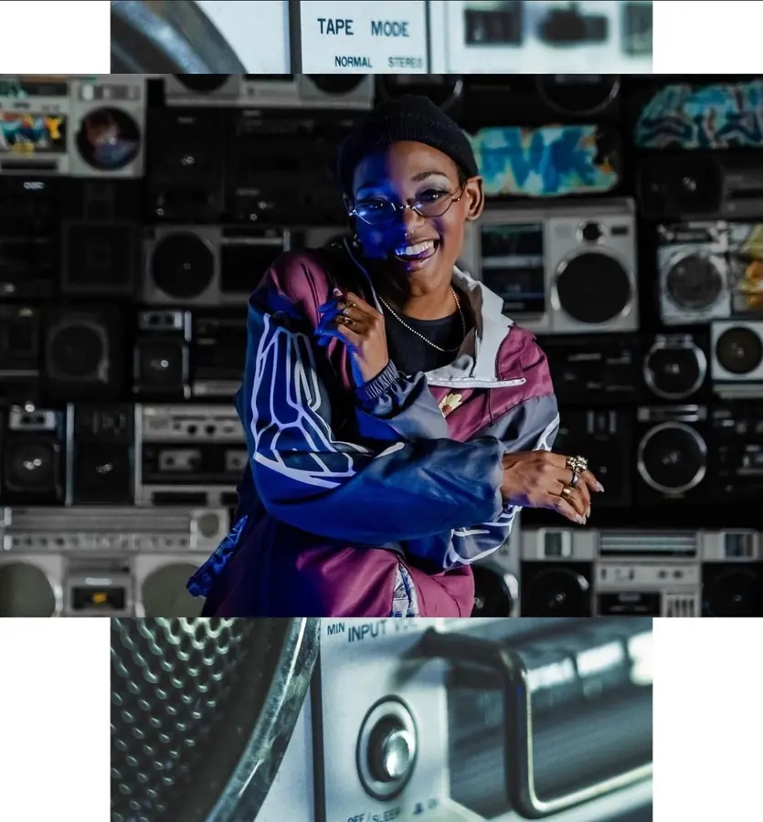 JustBee smiling in a track jacket, boombox collage