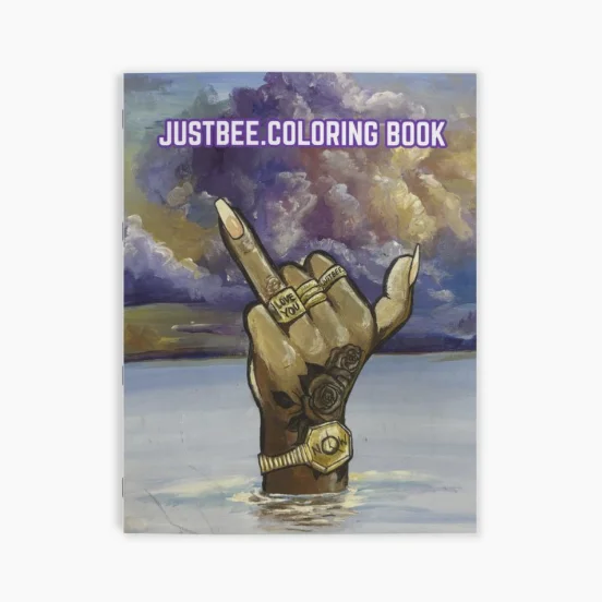 JustBee Coloring Book cover: a ringed hand rising from water under purple clouds