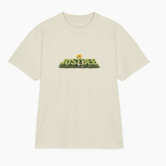 Cream t-shirt with a green moss JustBee logo