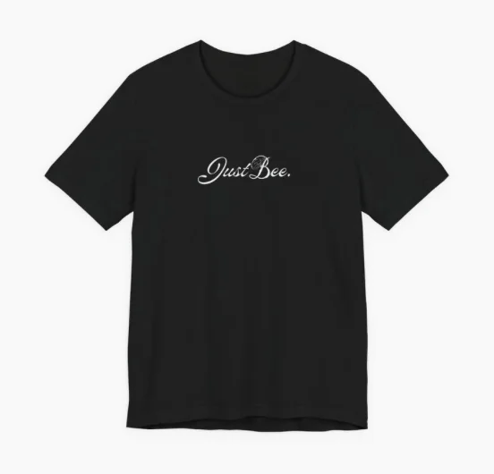Black t-shirt with the JustBee script logo