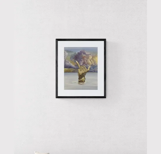 Love You original painting of a ringed hand rising from water, framed on a wall