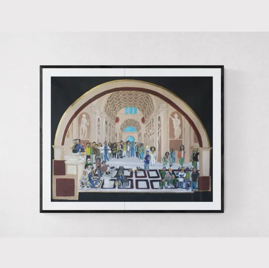 New Skool of Athens original painting, framed on a wall