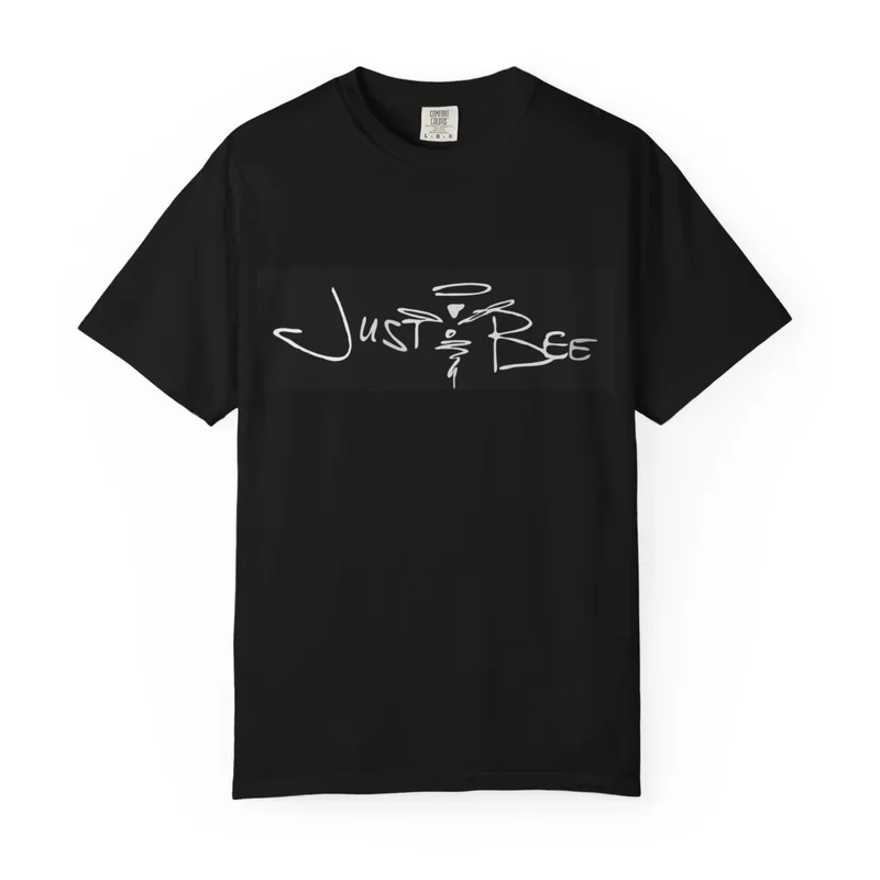 Black t-shirt with the original hand-drawn JustBee signature in white