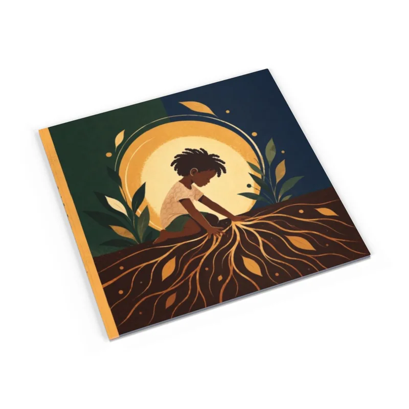 Roots Run Deep book cover: a child kneeling in the soil above golden roots