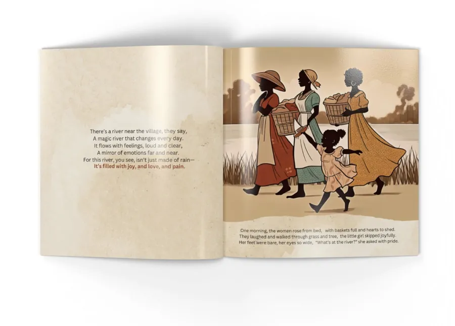Ebb and Flow inside spread: the women and the little girl walking to the river