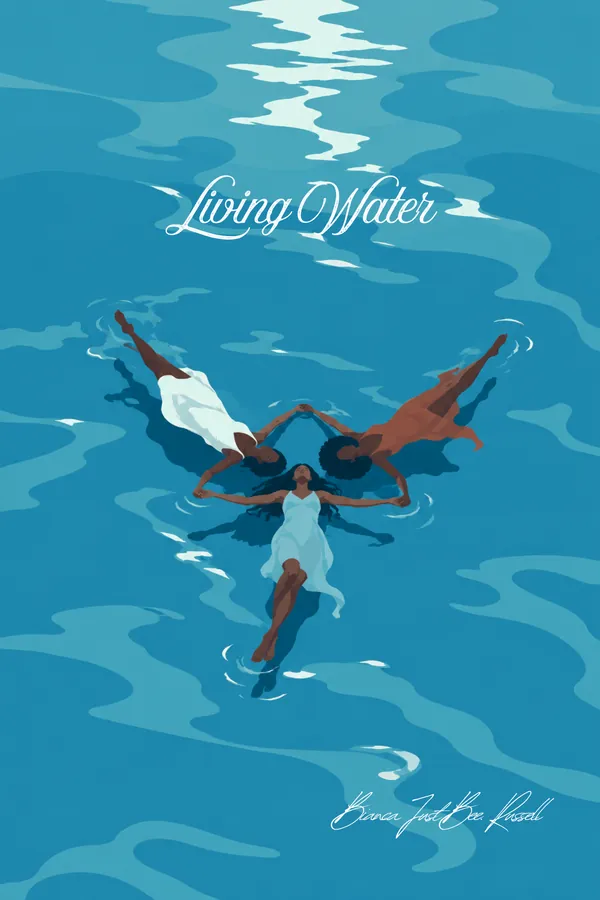 Living Water cover: three women in flowing dresses floating hand in hand on blue water