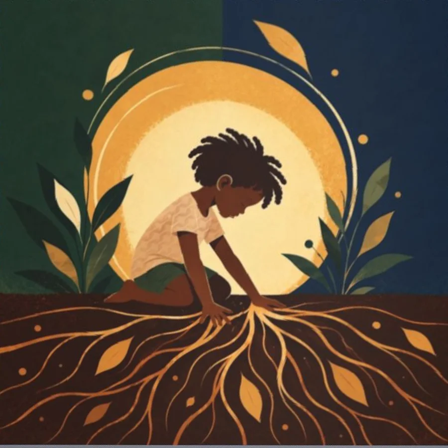 Roots Run Deep cover: a child kneeling in the soil, golden roots spreading beneath her hands under a glowing sun