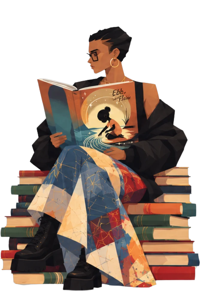 JustBee as the Storyteller, reading Ebb and Flow on a stack of books