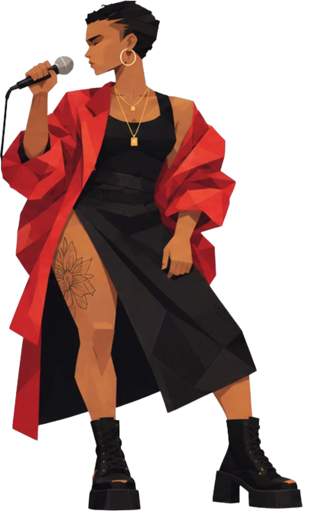 JustBee as the Voice, singing into a microphone in a red coat