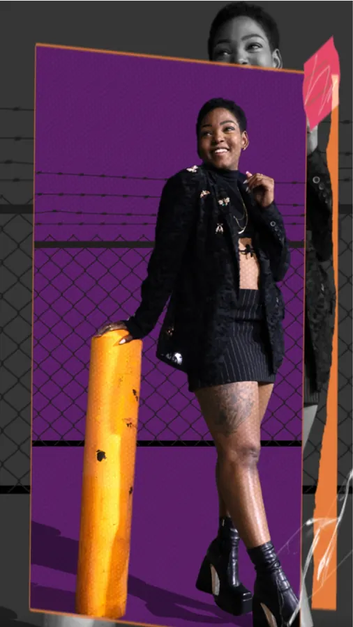 JustBee in a bee-pin jacket, purple collage edit